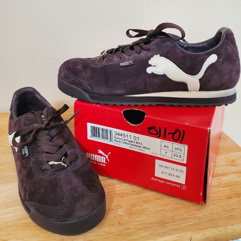RARE Puma Roma Cat Women's Suede Sneakers - Dark Brown and White
